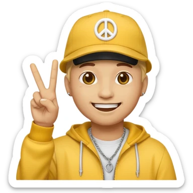 rapper emoji throwing up peace sign, wearing a cap sticker