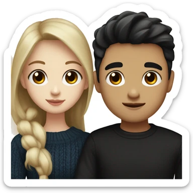 dark Blonde girl with blue eyes in black sweater and an east asian with light skin man with black hair and black eyes hugging sticker