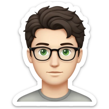 young man with pale skin, dark tall voluminous slightly wavy hair styled up high on head but not curly, wearing glasses with green eyes and very light stubble, with a slight smile sticker