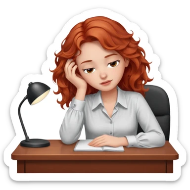 Pretty model, brown eyes, soft red wavy hair, falling asleep at desk sticker