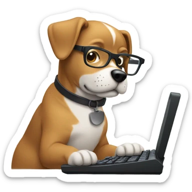 Dog wearing glasses and typing on a computer keyboard  sticker