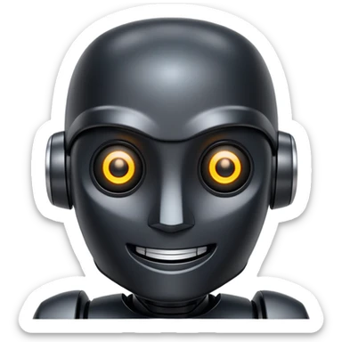 friendly modern face of a black robot with bright white led eyes, smiling, non-threatening sticker