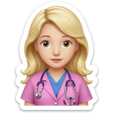 pale blonde girl with long wavy hair and hazel eyes wearing pink scrubs and stethoscope  sticker