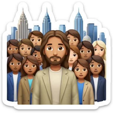 Jesus standing in a modern cityscape with a diverse group of people of different ages, ethnicities, and abilities sticker