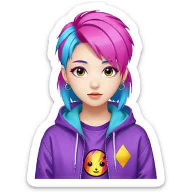 portrait of young woman idol in Kpop style, wearing flashy streetwear outfit, colorful dyed hair sticker