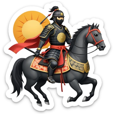 clash-of-clans-aesthetic_-cinematic-fearsome-and-majestic-samurai-bust-portrait-emoji, rendered in a flat, vector-style with minimal shading and bold, simplified shapes typical of emoji art, depicting a battle-hardened samurai with black mask and traditional black Japanese armor. The samurai is riding a noble grey warhorse adorned with an intricately designed saddle and fluttering banners and a rising sun. a zoomed insamurai riding on a  horse sticker