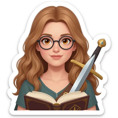 emoji style illustration of a woman with long light brown wavy hair, light brown eyes and round glasses holding an open book and a sword, fantasy reader warrior vibe, detailed emoji scene sticker