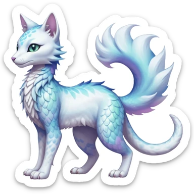 Kawaii white pastel iridescent beautiful pretty elegant divine edgy fantasy feline-vernid-sergal-Haku-fursona-animal-creature with a tufted tail full body with intricate markings  sticker