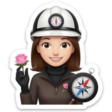 Arquitecta ojos marrones oscuros pestañas pelo marron por los hombros sonrie casco blanco jersey de cuello alto negro compás pars dibujar circulos y rosa sticker