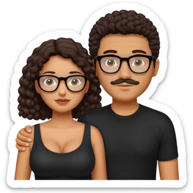 A picture of a tanned couple. the man is a Mexican man with tanned skin, with a bald hair cut, short beard and wearing a black shirt. the woman is wearing rectangle shaped glasses, with long curly dark brown hair and with big boobs  sticker