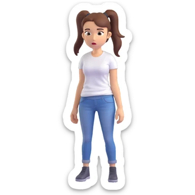 small 3D woman with ponytail, white t-shirt and jeans, looking confused sticker