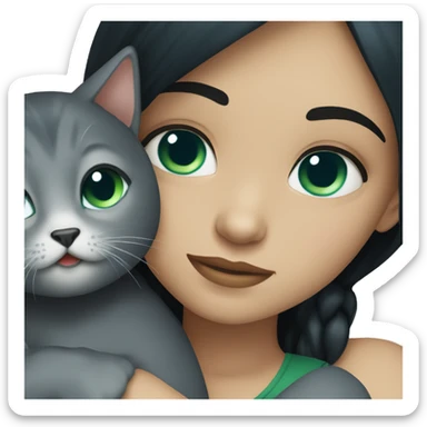 Girl with black hair and blue green eyes hugging her Cat that is dark grey with green blue eyes  sticker