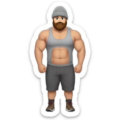 Fat Muscle builder in grey sweats no shirt brown and brown beard Red winter hat drinking sticker