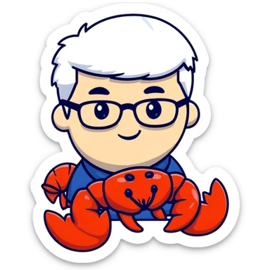 senior lobster with white hair and glasses, elderly lobster character with white eyebrows and whiskers, wearing round glasses sticker