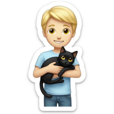 Boy with blonde hair holding a black cat sticker