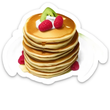 three pancakes with sour cream on top, raspberry jam and kiwi slices in a white plate sticker