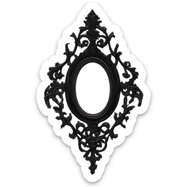 "Design a Victorian Gothic mirror with an ornate black frame featuring scrollwork and filigree. Include accents of dark red and burnt pink. The mirror glass should be gray, creating a mysterious and somber look." sticker