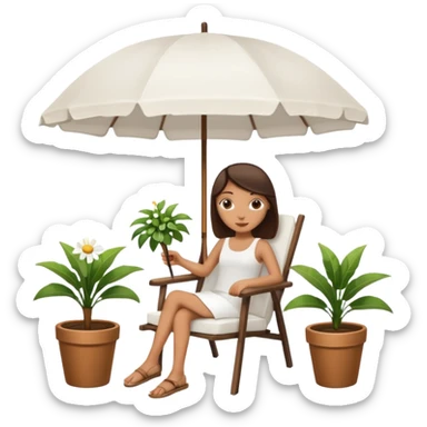 уличное кресло, зонт от солнца и небольшое растение в горшке. sticker