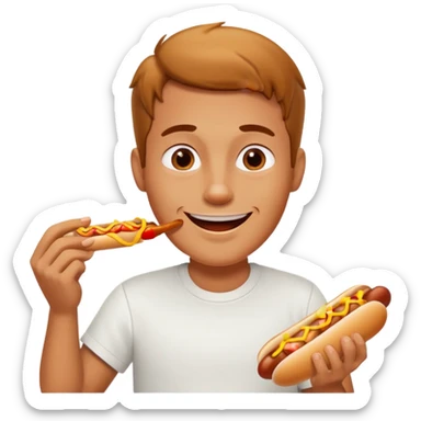 A man eating a chili-covered hot dog with delighted eyes.






















 sticker