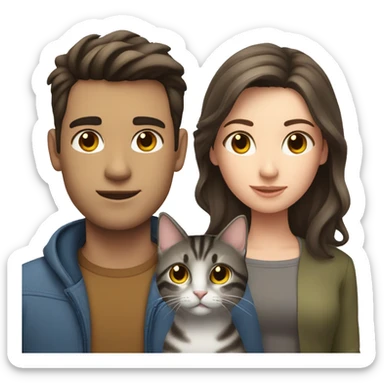 a brunette guy with fair skin, next to him a brunette girl with fair skin and between them a gray tabby cat sticker