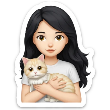 a girl with long wavy black hair using a white t-shirt holding a blonde persian cat sticker