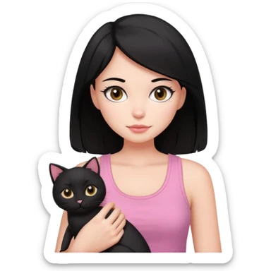 pretty woman with black hair and brown eyes, wearing a pink tank top, holding a black cat, simple and cute sticker