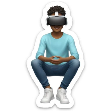 A young person is seated on a cloud, wearing a virtual reality headset. They are immersed in a digital experience, likely playing a game , online flat forms, exploring a virtual and online environment. sticker