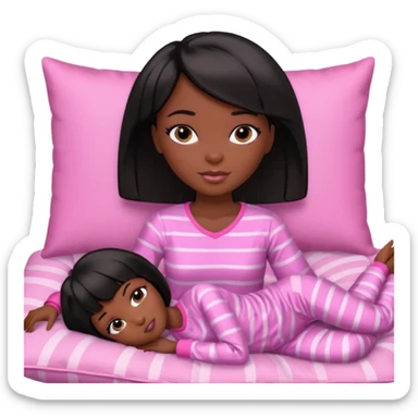 Dark skin Black barbie, short  black bob  hair, pink pajamas laying on pillow just me  sticker