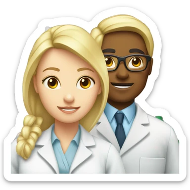 Chemist in lab with no glasses next to blonde female pharmacist sticker