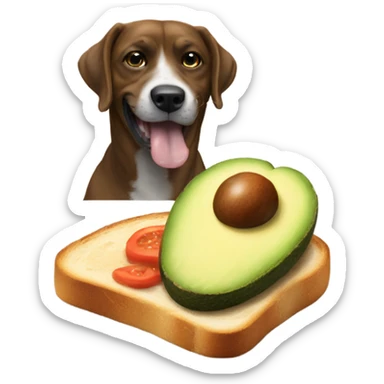 a dog eating a avocado toast whit a cofre sticker