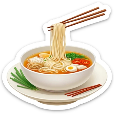 Yunnan Crossing the Bridge Rice Noodles with separate ingredients and hot broth, simplified emoji style with bold outlines and bright colors, cartoon style traditional Guo Qiao Mi Xian sticker