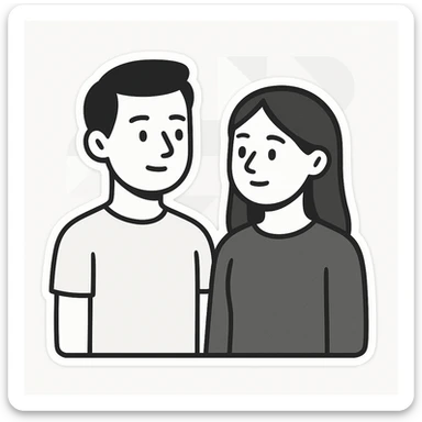 Sticker of Sasha and Yulia, two young lovers, in a minimalist and modern style, with simple shapes and muted colors, standing side by side and looking at each other, with a background of a geometric pattern or an abstract design. sticker