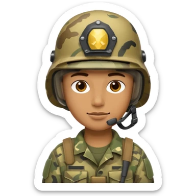 a soldier in camo gear with a helmet, battlefield background sticker