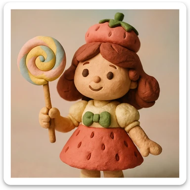 little girl in a strawberry shortcake dress, holding a candy wand, pastel background, claymation style sticker