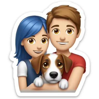 a girl with brown hair and blue eyes hugs a dog of the Jack Russell Terrier breed, white and red sticker