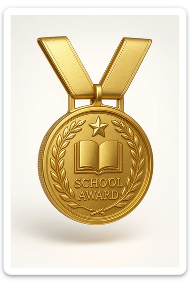 gold medal-style emblem with a ribbon, representing a distinguished school award, shiny and ornate sticker
