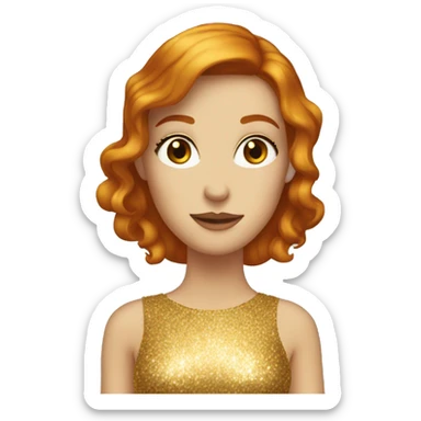 A red haired woman with hazel eyes wearing gold sparkly shiny dress sticker