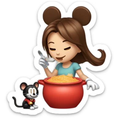 Woman medium brown half tail hair,eating A pot of spread,  with mickey mouse ears, near to a cat sticker