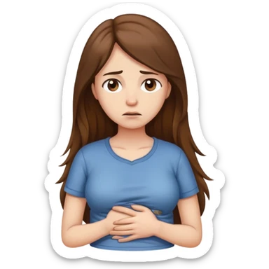 Sad women with long brown hair rubbing stomach with shirt on sticker