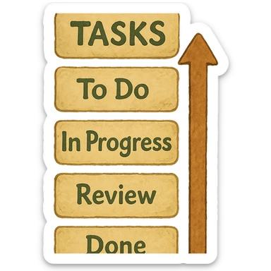 ghibli style vertical text list with an arrow from bottom to top sticker