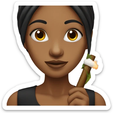 Brown skin woman with long black hair holding a joint sticker