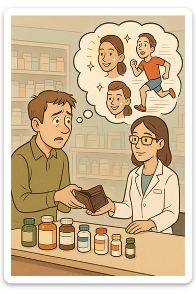 a man stands at a pharmacy counter, handing over a nearly empty wallet to the cashier while the counter is filled with bottles of supplements and vitamins. His expression is hopeful but slightly anxious. In the background, a thought bubble shows exaggerated images of instant health and fitness, symbolizing unrealistic expectations.  sticker