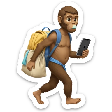 Draw an Australopithecus walking like a nomad, carrying a cloth bundle on its back and holding an iPhone in one hand and an open laptop (screen visible) in the other, in a cute flat iPhone emoji style sticker