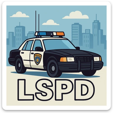 Make the police car black and white, add a city background, and add the caption 'LSPD' in a cartoon style. sticker
