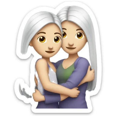 A lesbian couple with white skin and long black hair hugging intimately sticker