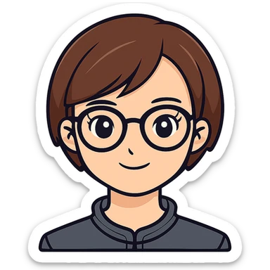 Add glasses to the female with short brown hair in the style of sticker (cartoonish stickers). sticker