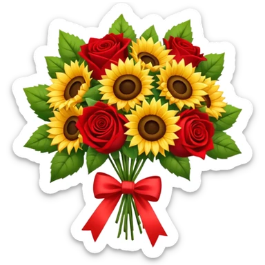 sunflowers and red roses bouquet tied with a bow sticker