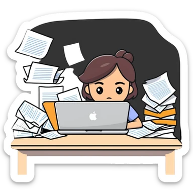 tired woman at a desk with a MacBook, surrounded by messy papers, emphasizing disorganization sticker