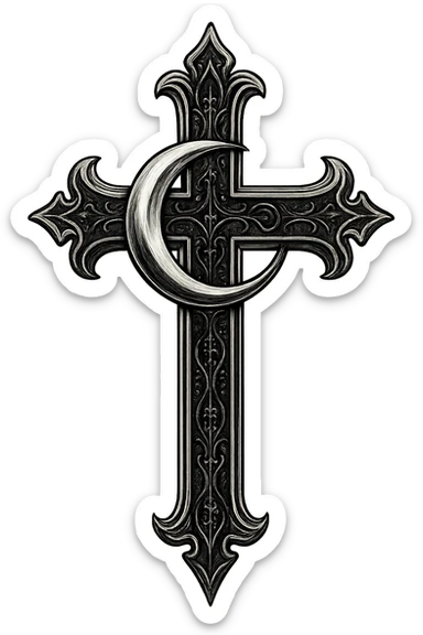 gothic style black and silver cross with a crescent moon sticker