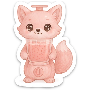 Enhance the image to high quality, keeping it as a full-body soft kawaii fluffy fox blender with a transparent body showing a fruity smoothie inside, sparkling eyes, pastel pink colors, and a transparent background. Maintain the soft kawaii style and fluffy texture with a clear transparent effect on the body to show the smoothie inside. The eyes should sparkle with charm and the overall look should be pastel pink and adorable. sticker